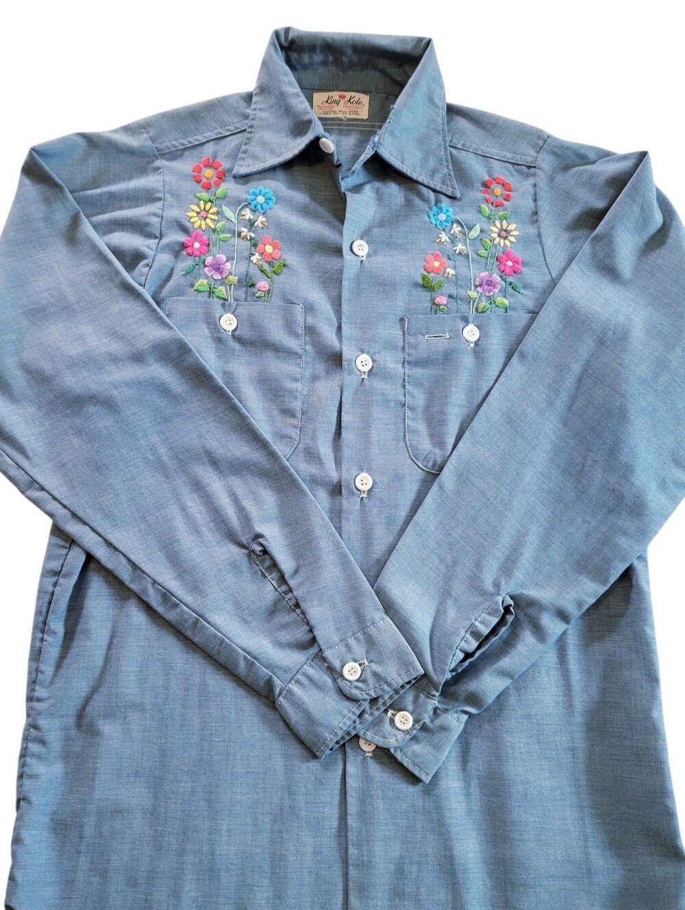 Vintage 1970s King Kole Hand Embroidered Floral Chambray Shirt S